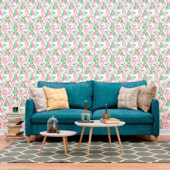 Papel de Parede Adesivo Flamingos e Flores N012040