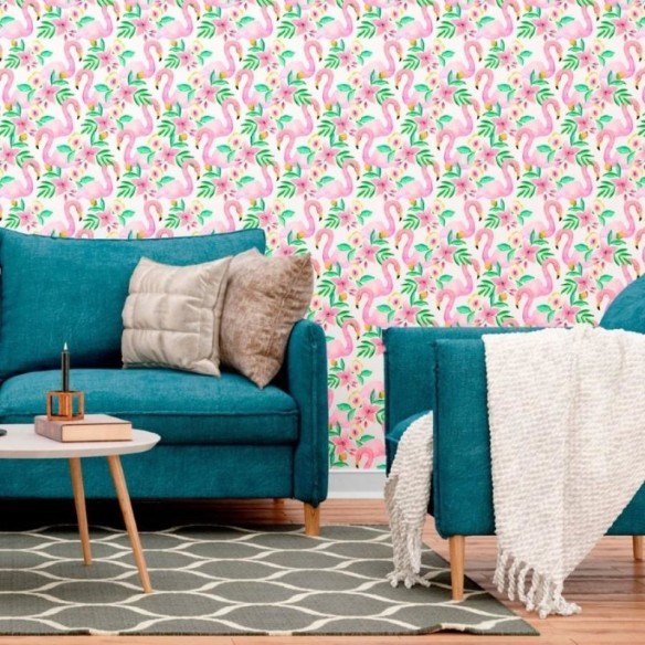 Papel de Parede Adesivo Flamingos e Flores N012040