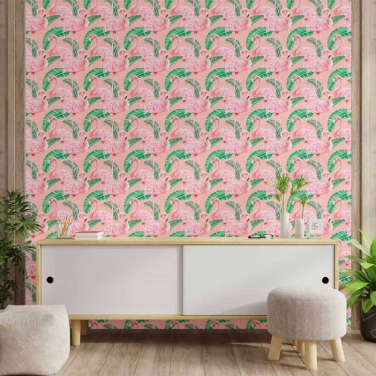 Papel de Parede Adesivo flamingos e folhas...