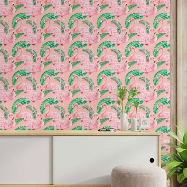 Papel de Parede Adesivo flamingos e folhas...