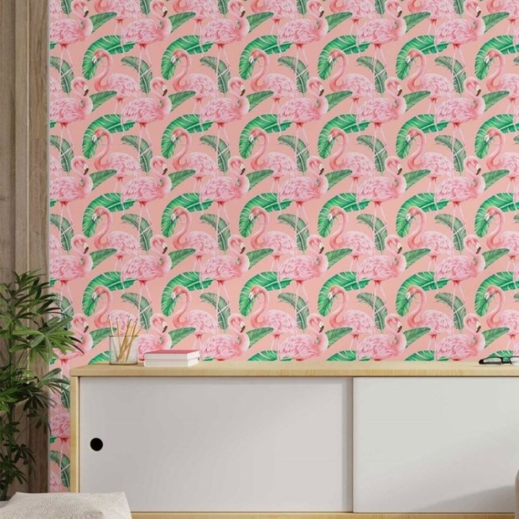 Papel de Parede Adesivo flamingos e folhas...