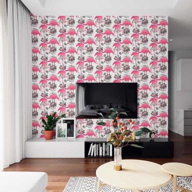Papel de Parede Adesivo Flamingos Geométrico...
