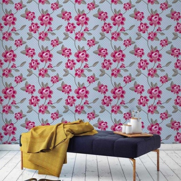 Papel de Parede Adesivo Floral Azul e Rosa  849175637