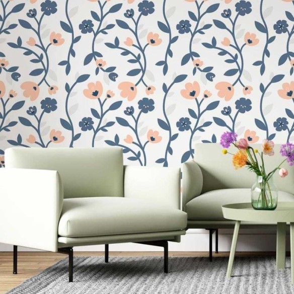 Papel de Parede Adesivo Floral Azul e Rosa N06185