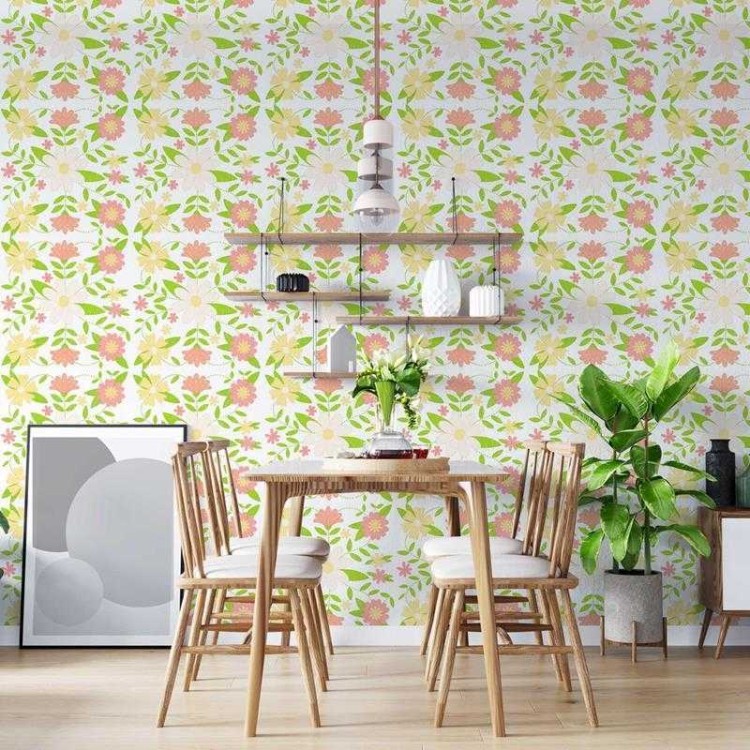 Papel de Parede Adesivo Floral Desenhado a Mão...