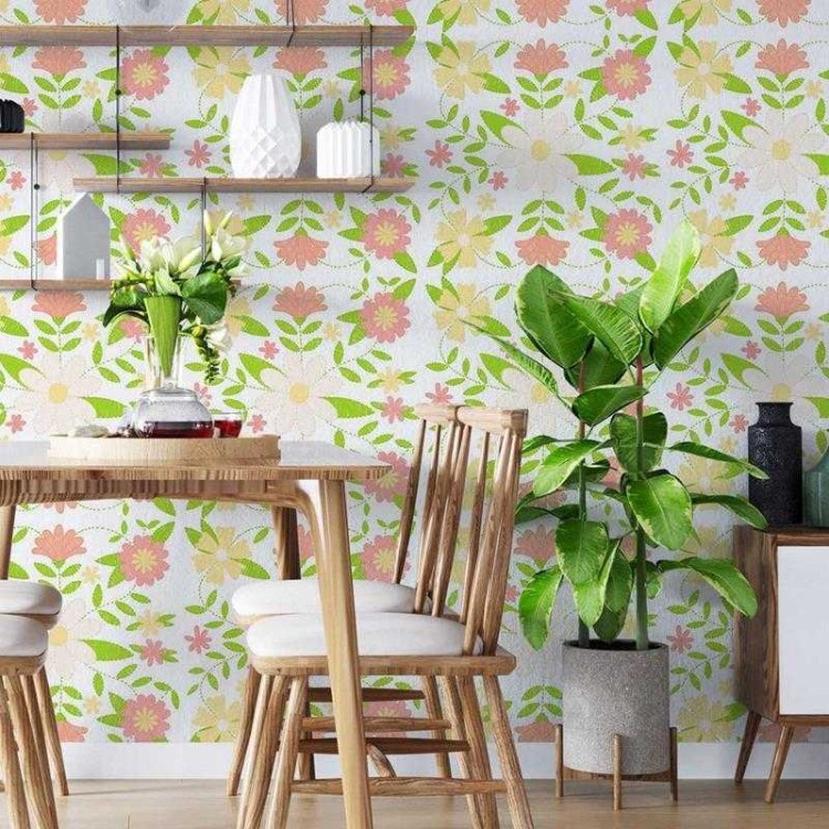 Papel de Parede Adesivo Floral Desenhado a Mão...