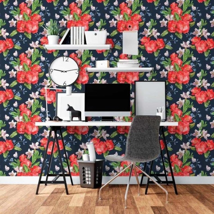 Papel de Parede Adesivo Floral em Fundo Preto...