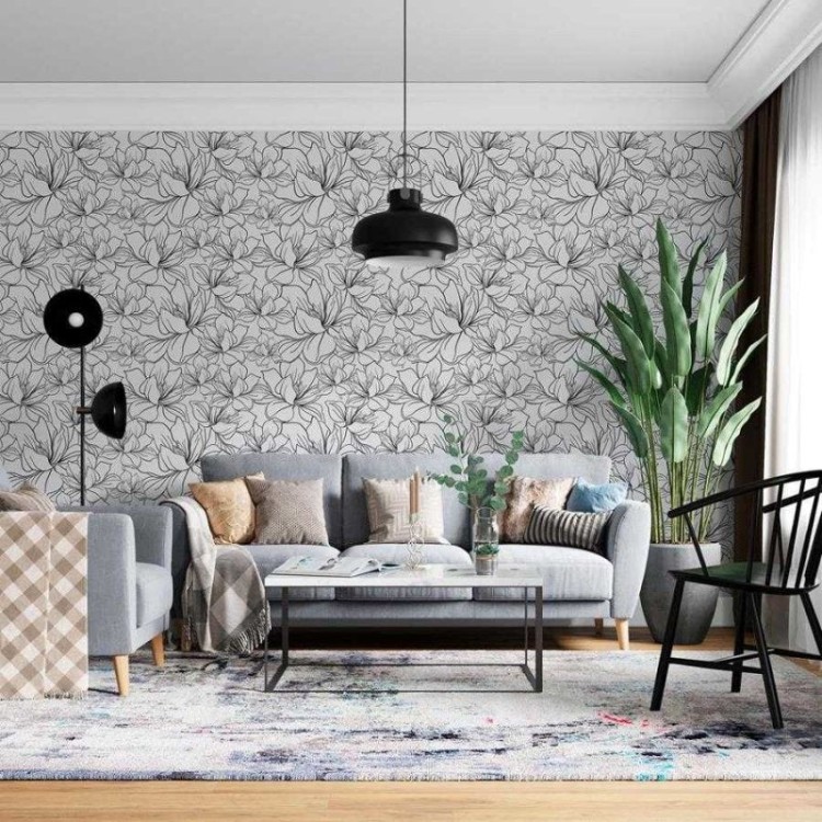 Papel de Parede Adesivo Floral Linhas Preto e...