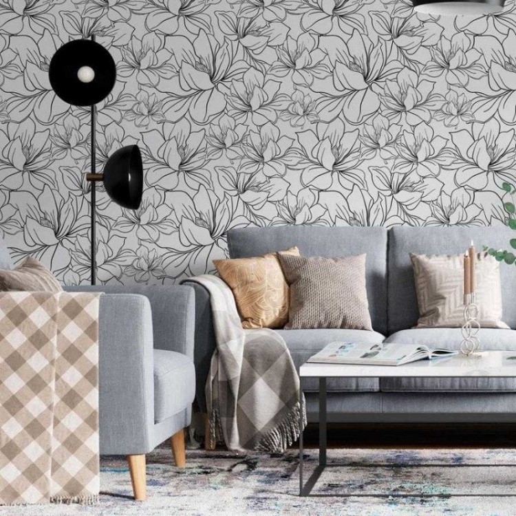 Papel de Parede Adesivo Floral Linhas Preto e...