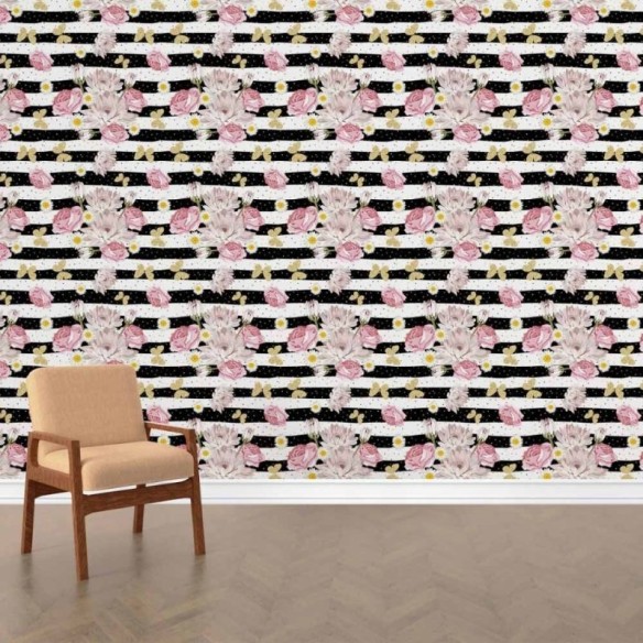 Papel de Parede Adesivo Floral Listrado N015051