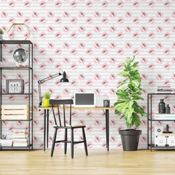 Papel de Parede Adesivo Floral Listrado N019083