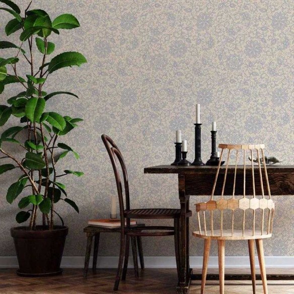 Papel de Parede Adesivo Floral Off White e Azul N05117
