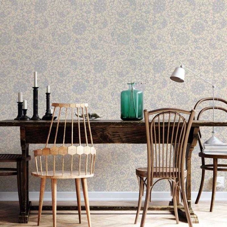 Papel de Parede Adesivo Floral Off White e Azul...