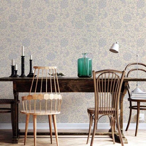 Papel de Parede Adesivo Floral Off White e Azul N05117