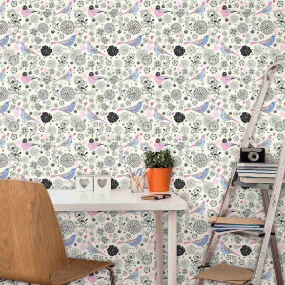 Papel de Parede Adesivo Floral Pássaros 390