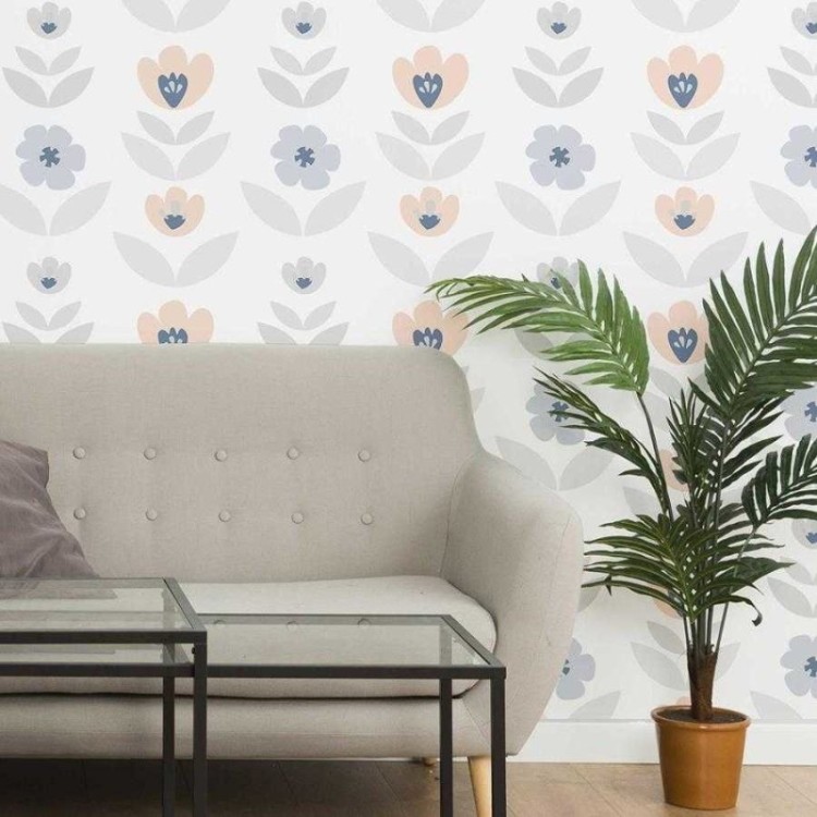 Papel de Parede Adesivo Floral Pastel Azul e...