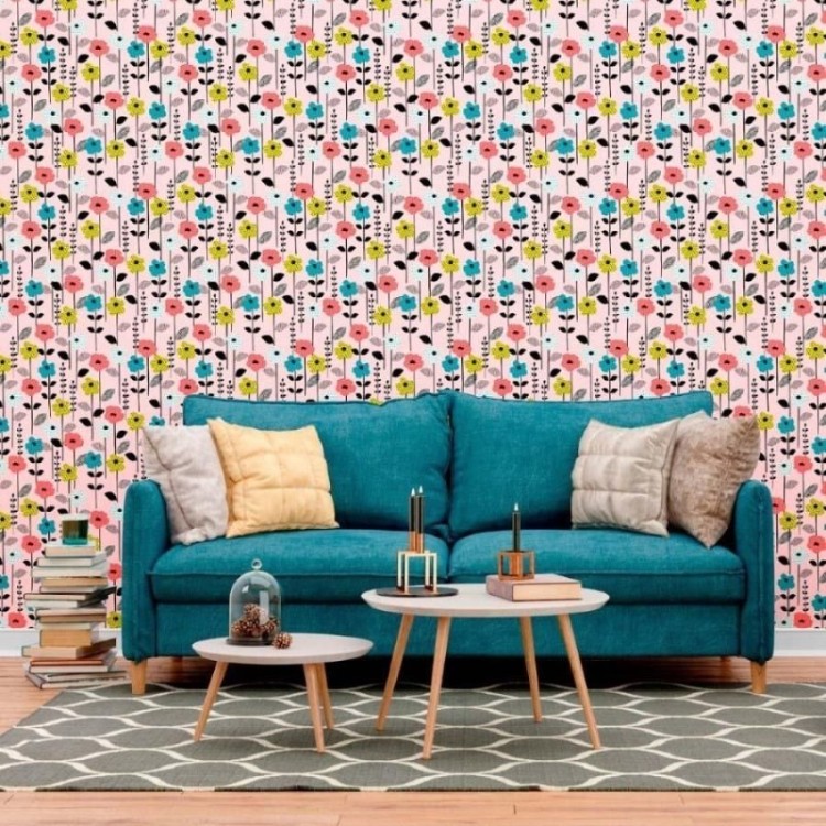 Papel de Parede Adesivo Floral Poá e Chevron...