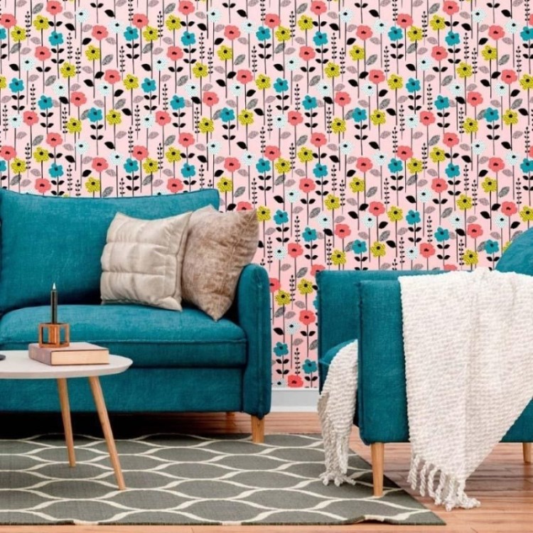 Papel de Parede Adesivo Floral Poá e Chevron...