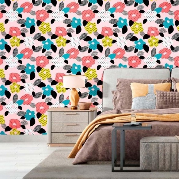 Papel de Parede Adesivo Floral Poá e Chevron N012047