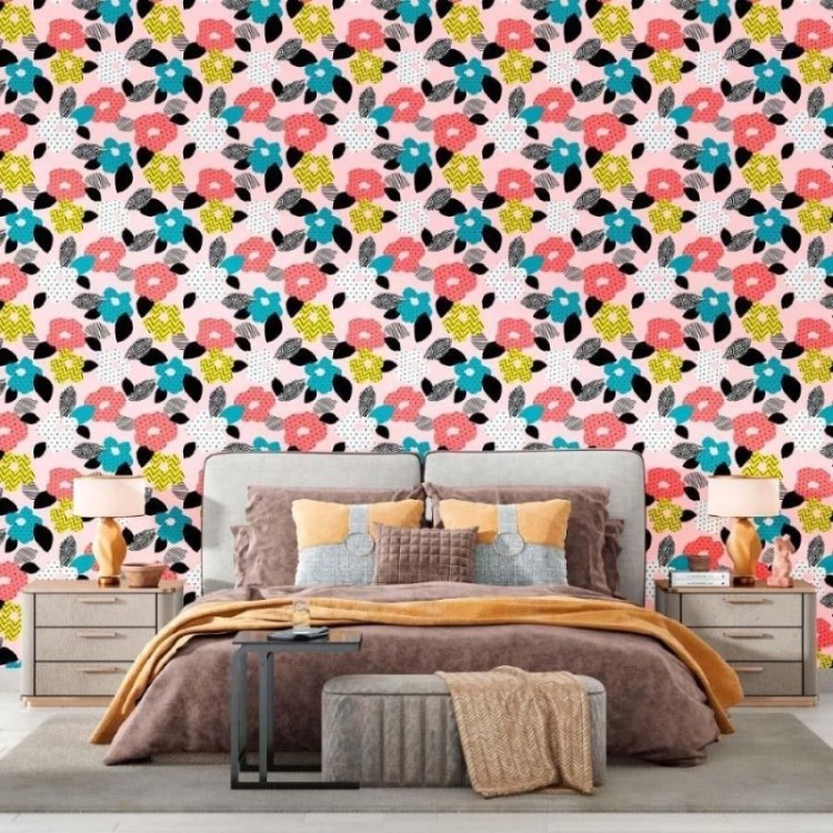 Papel de Parede Adesivo Floral Poá e Chevron...