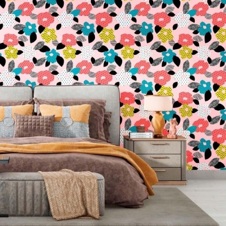 Papel de Parede Adesivo Floral Poá e Chevron...