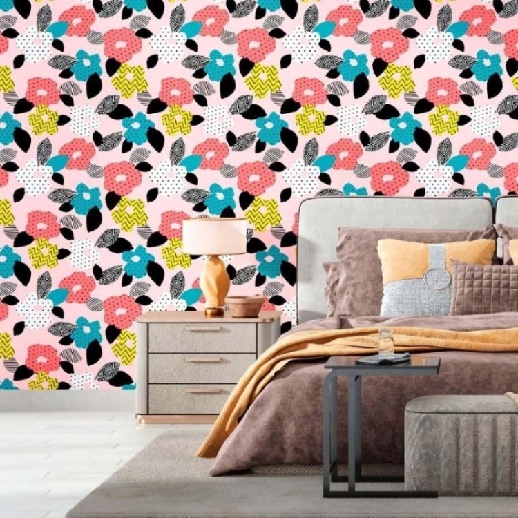 Papel de Parede Adesivo Floral Poá e Chevron...