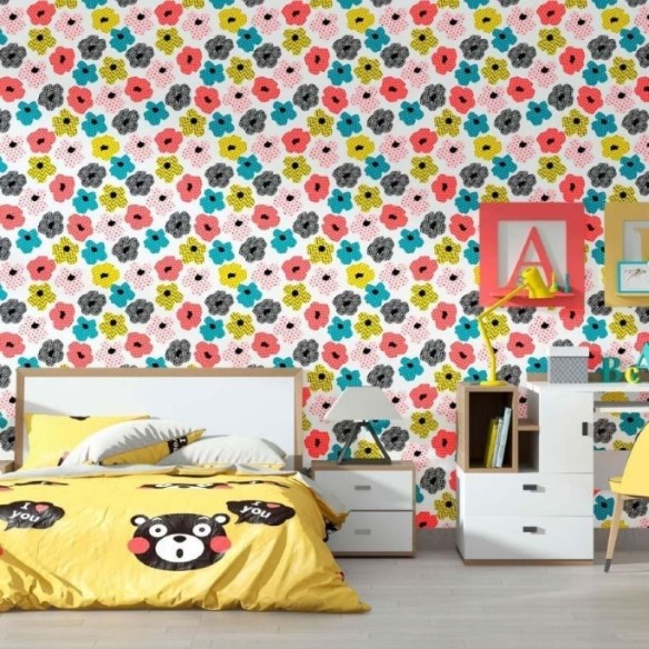 Papel de Parede Adesivo Floral Poá e Chevron N012048