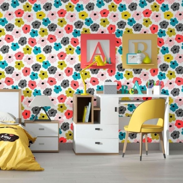 Papel de Parede Adesivo Floral Poá e Chevron N012048