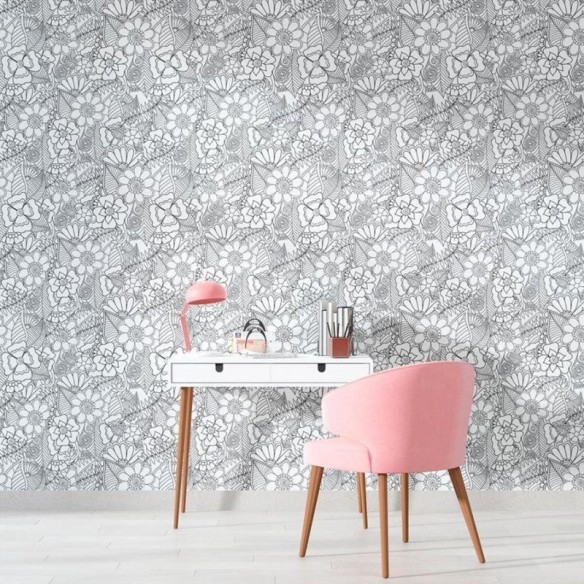 Papel de Parede Adesivo Floral Preto e Branco N010117