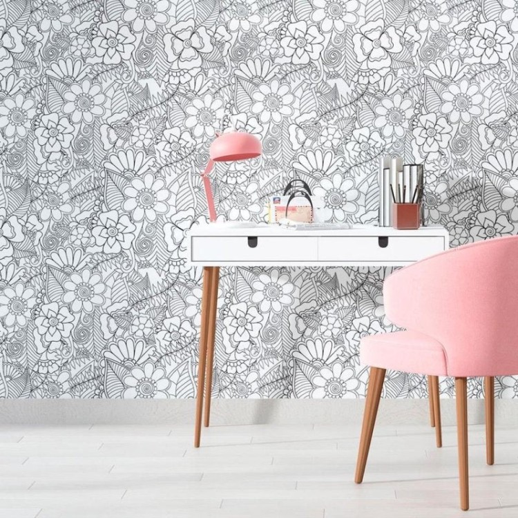 Papel de Parede Adesivo Floral Preto e Branco...