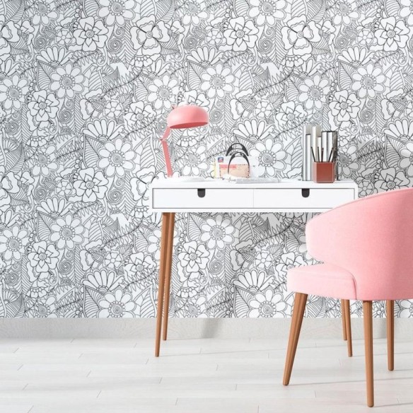 Papel de Parede Adesivo Floral Preto e Branco N010117