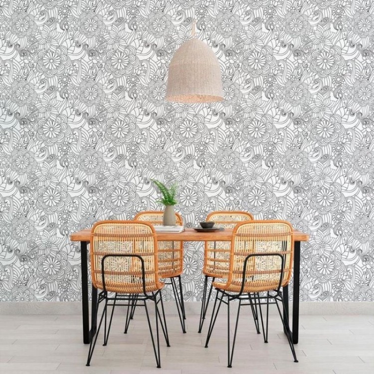 Papel de Parede Adesivo Floral Preto e Branco...