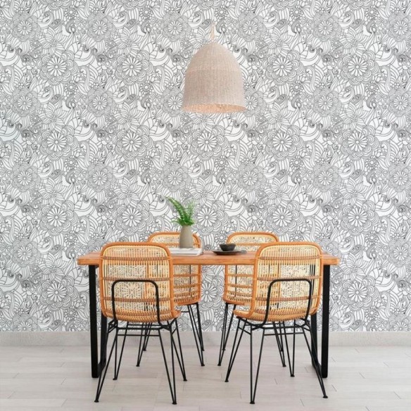 Papel de Parede Adesivo Floral Preto e Branco N010118