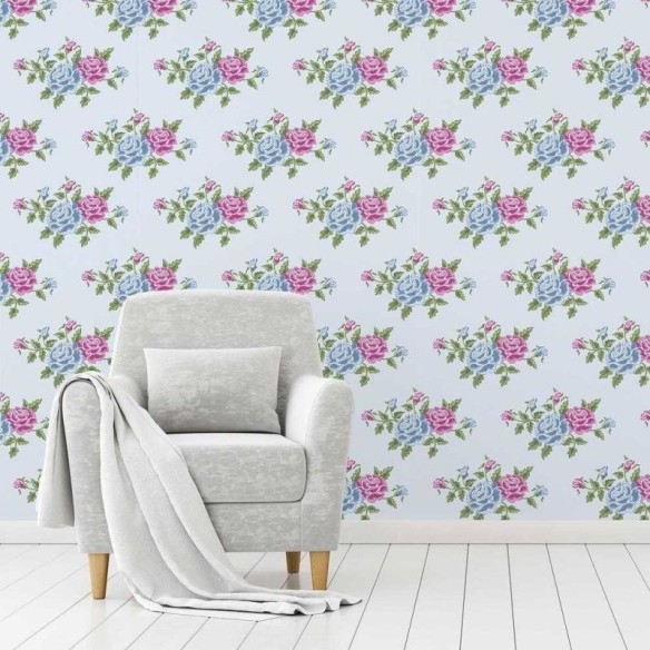 Papel de Parede Adesivo Floral Rosa e Azul 751249094