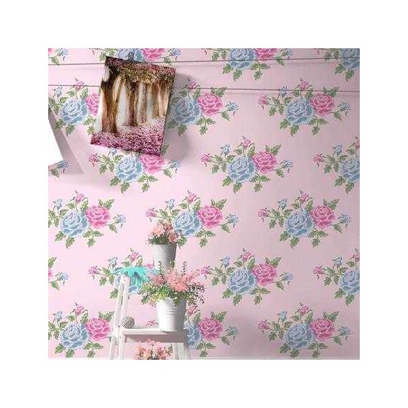 Papel de Parede Adesivo Floral Rosa e Azul 751249098