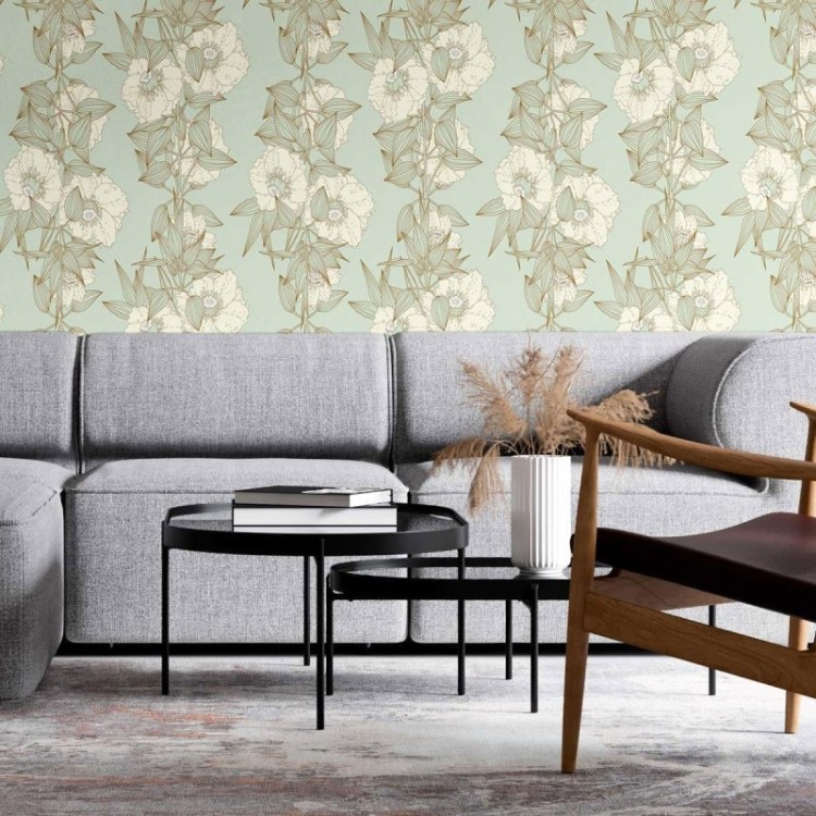 Papel de Parede Adesivo Floral Sobre Verde N09113