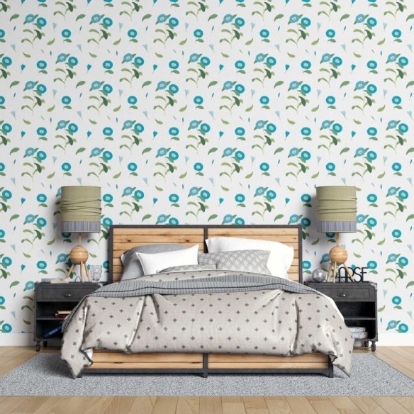 Papel de Parede Adesivo Flores Azuis Fundo Branco N07013