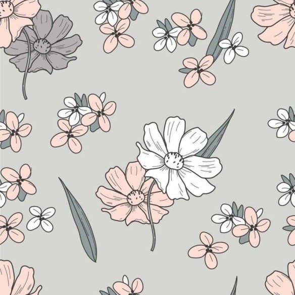 Papel de Parede Adesivo Flores do Campo Cinza e Rosa N06156