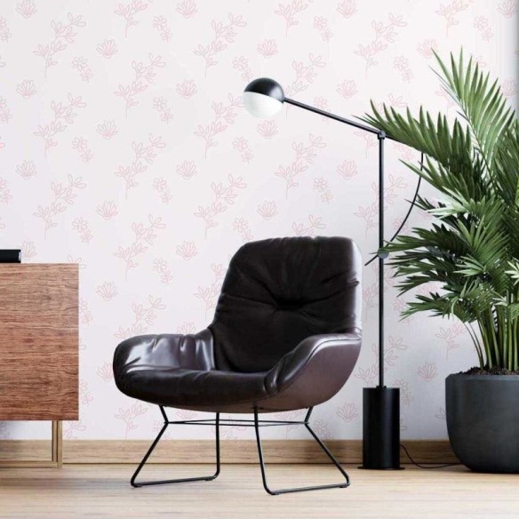 Papel de Parede Adesivo Flores e Folhas em Linha Rosa N05279