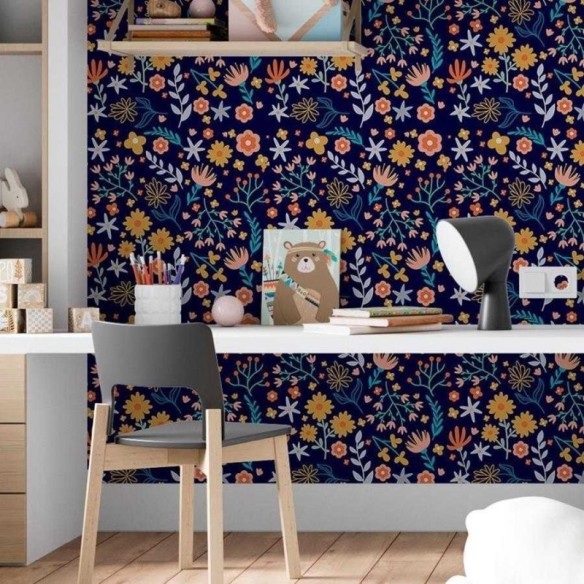 Papel de Parede Adesivo Flores e Folhas Fundo Escuro N06105