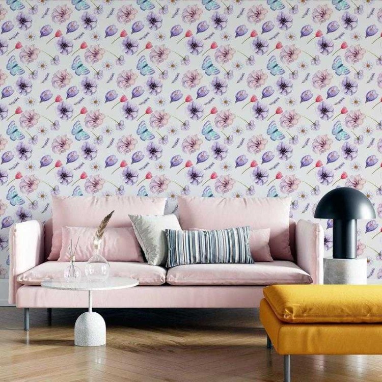 Papel de Parede Adesivo Flores Lilás em...