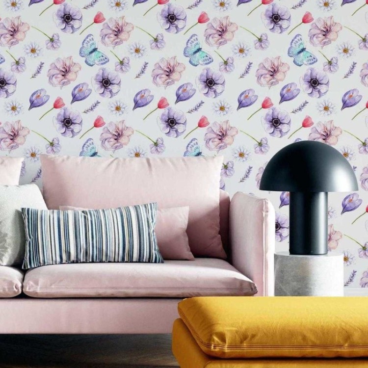 Papel de Parede Adesivo Flores Lilás em...