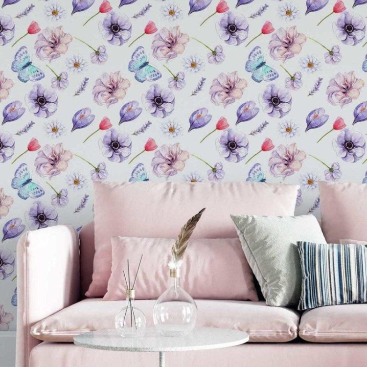 Papel de Parede Adesivo Flores Lilás em...
