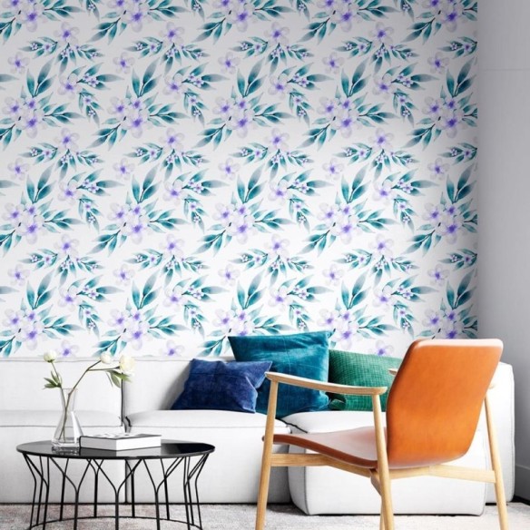Papel de Parede Adesivo Flores Lilás em Fundo Branco N08002