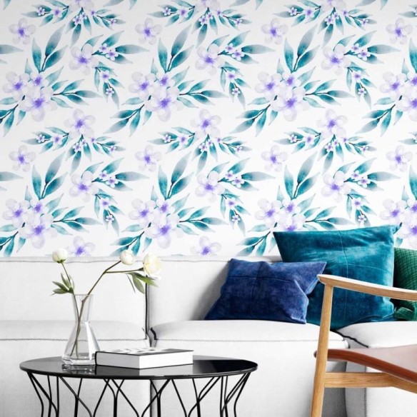 Papel de Parede Adesivo Flores Lilás em Fundo Branco N08002