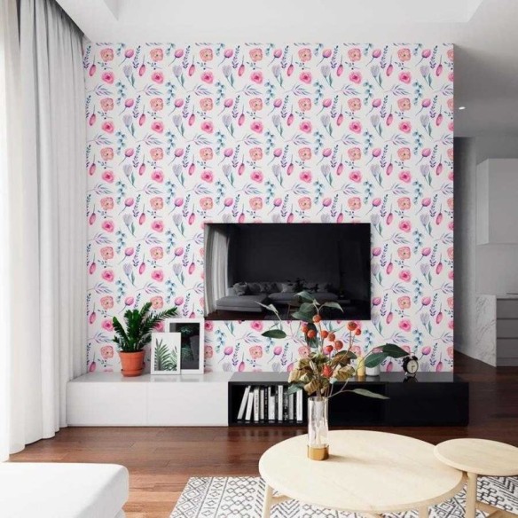 Papel de Parede Adesivo Flores Rosa e Roxo N06180