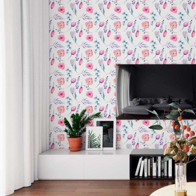 Papel de Parede Adesivo Flores Rosa e Roxo N06180