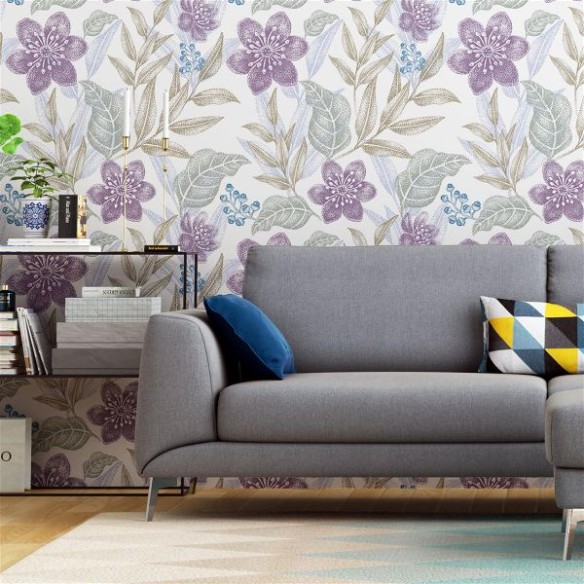 Papel de Parede Adesivo Folhagem e Flor Lilás N04180