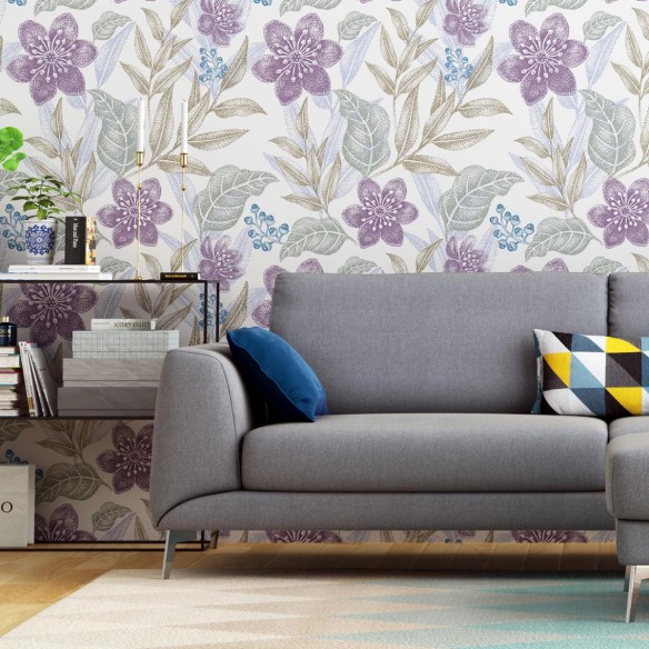 Papel de Parede Adesivo Folhagem e Flor Lilás N04180