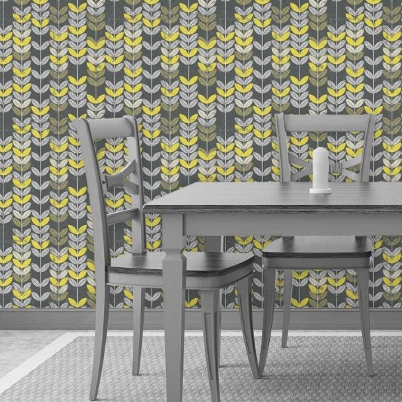 Papel de Parede Adesivo Folhas Amarelo e Branco 114464266